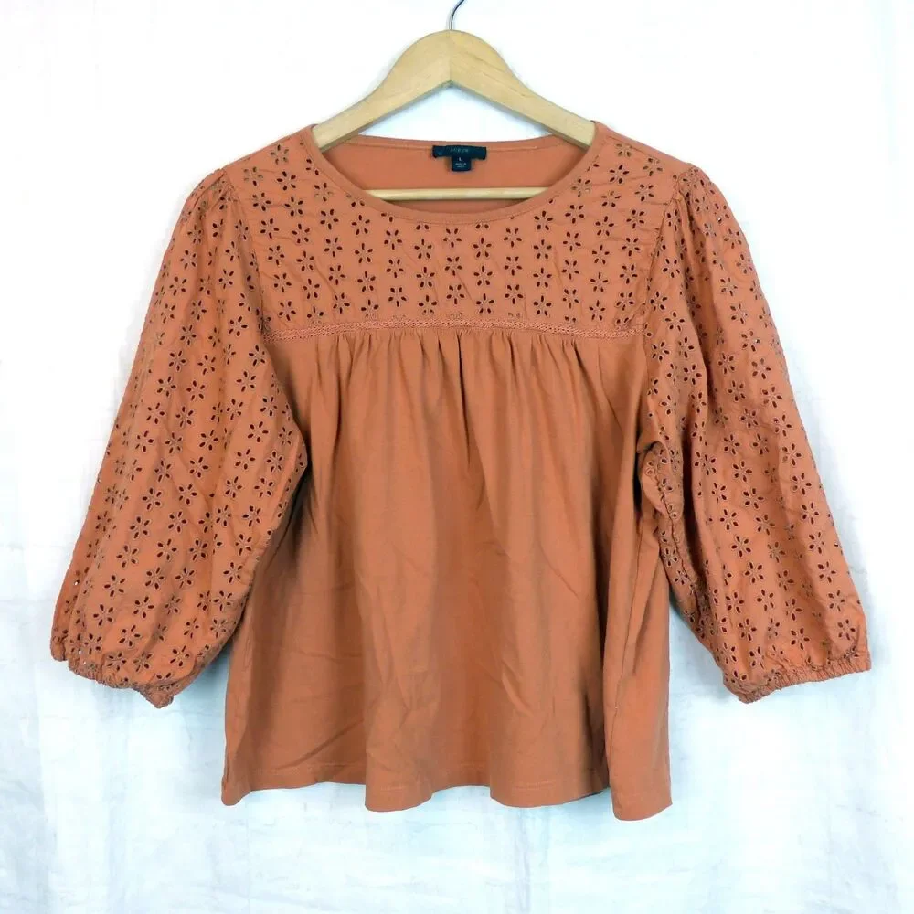 J.Crew Peasant Top Womens L Orange Eyelet Embroidered Cotton Boho Style AS023